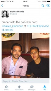 My tweet later that evening: Yiannis Misirlis with Alexis Sanchez at Cut on 45 Hyde Park Lane.